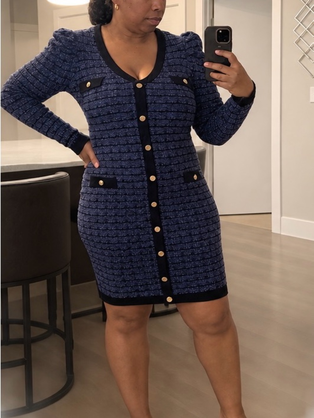 Textured Navy & Black Button-Front Knit Dress w/ Gold buttons (avail in 2 sizes)